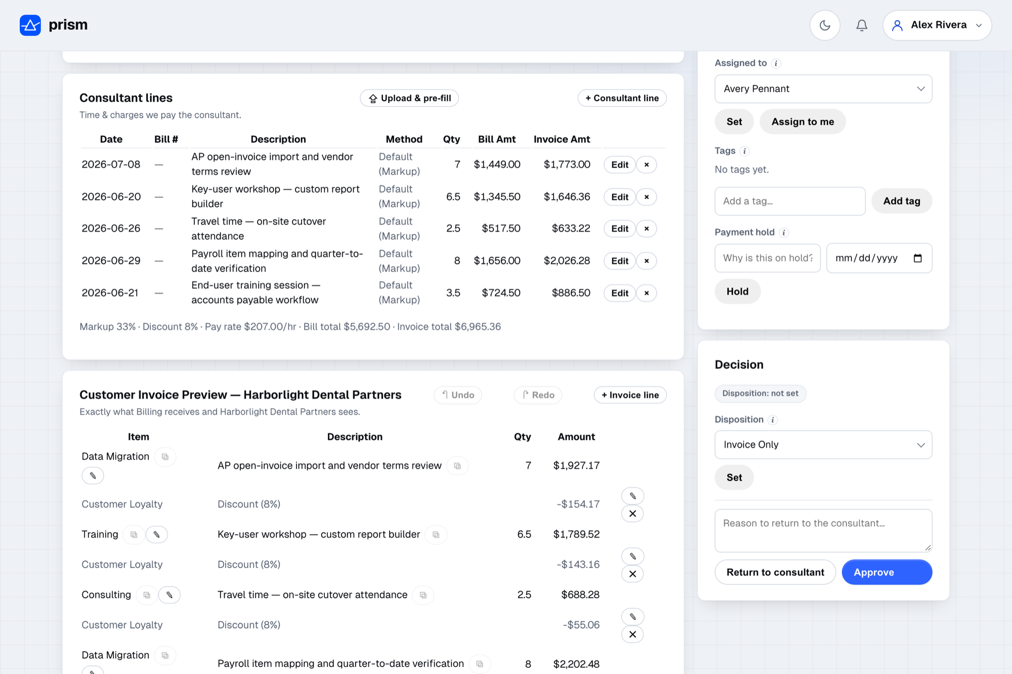 Bill lines and customer invoice